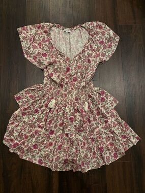Patrons of Peace Floral Dress Smocked Waist Tiered Pink Green Medium